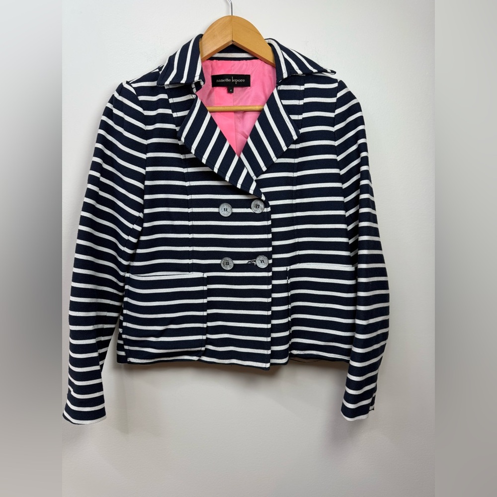 NANETTE LEPORE Navy Striped Women's Jacket / Blazer Women’s size 4 - Picture 2 of 9